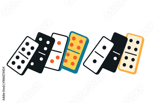 Domino Cascade Styles. Row of domino tiles tipping over in motion first in line style with thin outline, second in solid style