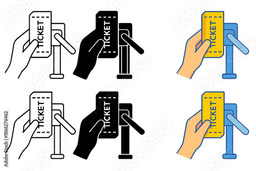 Ticket Styles Evolution. Hand holding ticket stub near entry turnstile first in line style with thin outline, second in solid