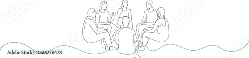 A continuous line drawing depicts a group of people sitting in a circle, Group of young people sitting on ground together and talking