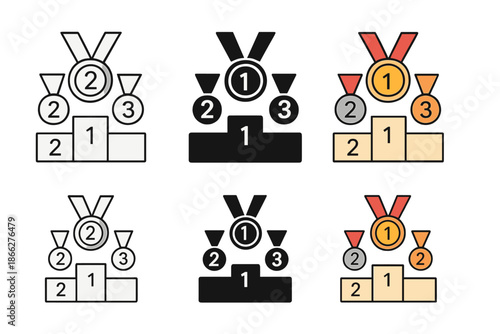Medals on Podium. Set of medals arranged on podium steps evenly first in line style with thin outline, second in solid style