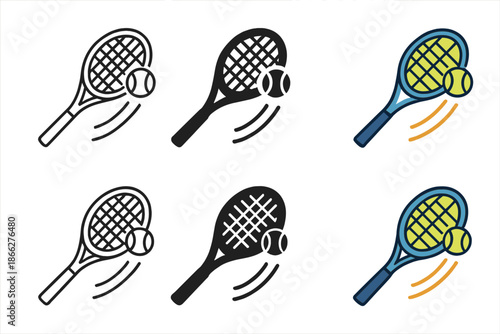 Tennis Serve Styles. Tennis racket striking ball midair during serve first in line style with thin outline, second in solid style