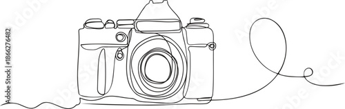 A minimalist line drawing depicts a vintage film camera, One continuous editable line drawing of a professional camera