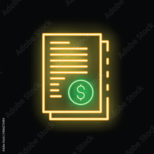 Bright neon icon of financial documents with dollar sign glowing on black background, representing concepts such as finance, business, and investment