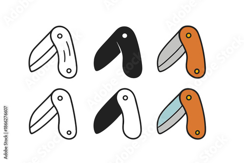 Diverse Pocket Knife Styles. Folded pocket knife with wooden handle first in line style with thin outline, second in solid style