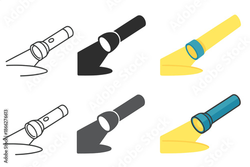 Flashlight Path Styles. Flashlight resting on ground illuminating path first in line style with thin outline, second in solid