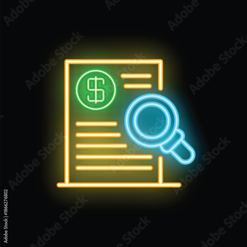 Neon sign representing searching for money, analyzing financial document with magnifying glass