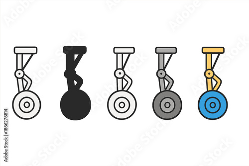 Stylized Landing Gear Wheels. Landing Gear Wheel first in line style with thin outline, second in solid style filled shape, third