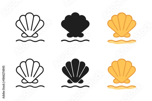 Seashell Design Variations. Seashell Sand Shore first in line style with thin outline, second in solid style filled shape, third