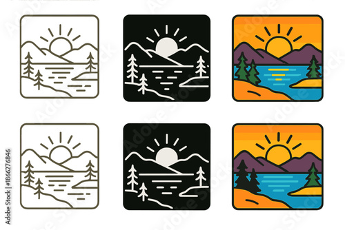 Sunrise Lake Art Styles. Sunrise Lake Calm first in line style with thin outline, second in solid style filled shape, third in