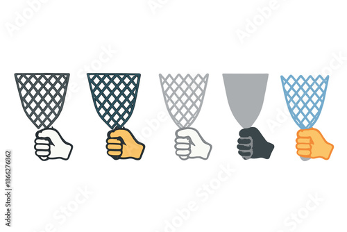 Stylized Mesh Variations. Net Mesh Pull first in line style with thin outline, second in solid style filled shape, third in flat