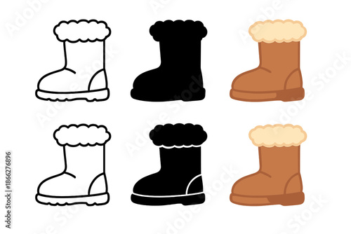 Stylish Boot Styles. Boot Fur Step first in line style with thin outline, second in solid style filled shape, third in flat style