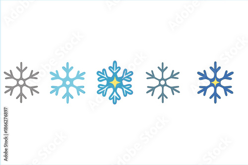 Colorful Snowflake Styles. Snowflake Frost Shine first in line style with thin outline, second in solid style filled shape, third
