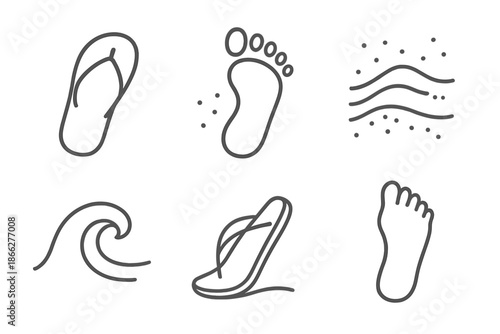 Beach-Ready Sandal Icons. Line style vector icons of shore-ready slip sandals: thin strap footwear, beach step mark, dune surface