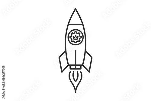 Rocket Propulsion Icons. Line style vector icons of propulsion royalty machinery: slim rocket outline, sharp cone top, ornate