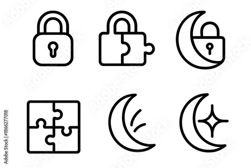 Mystery Lunar Lock Icons. Line style vector icons of locked mystery lunar mark: compact lock silhouette, fine key slot, interfit