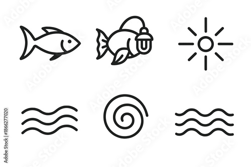 Tidal Fish Icons. Line style vector icons of tidal fish illumination: angled fish silhouette, flowing tail edge, compact lantern