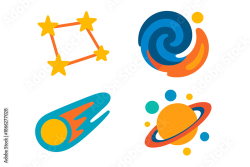 Cosmic Memory Icons. Flat vector icons of memory cosmos: connected stars forming constellations of the past, swirling nebula for