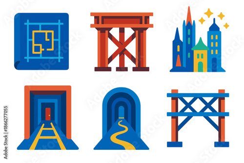 Dream Architecture Icons. Flat vector icons of dream architecture systems: foundation blueprint for lucid dream construction,