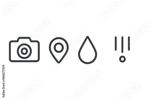 Rainfall Lens Icons. Line style vector icons of lens track rainfall: camera silhouette, centered lens core, track path stripe,