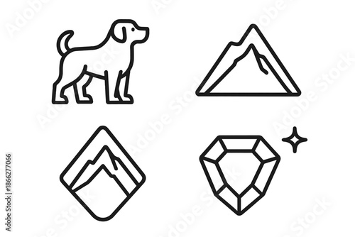 Mountainous Canine Gem. Line style vector icons of mountainbound dog gem: sturdy dog stance, tail bend, steep ridge profile,