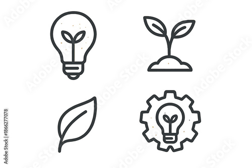 Seed Machinery Icons. Line style vector icons of bright seed machinery: bulb silhouette, internal filament mark, seedling rise,