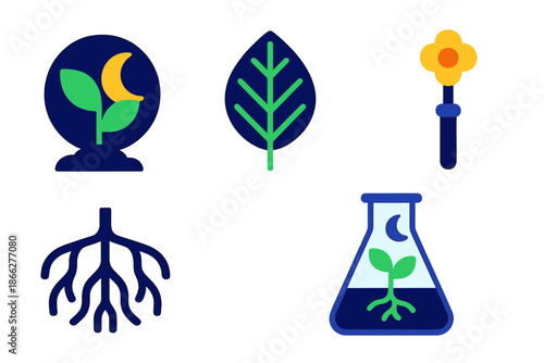 Twilight Flora Icons. Flat vector icons of twilight flora systems: plant thriving in moonlight shadows, umbra leaf displaying soft