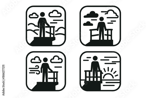 Lofty Vantage Point. Icons for: a high perch overseeing open air, an elevated stance observing vast skies, a lofty position