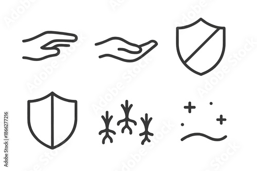 Touch Barrier Icons. Line style vector icons of touch barrier rootlet: hand contour, gentle palm bend, barrier shield curve,