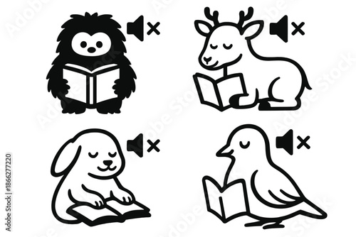 Animal Iconography. Icons for: a furry black-and-white figure reading a silent cue, a calm herbivore sensing a quiet hint, a