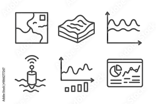 Coastal Data Icons. Line style icons of coastal data visualization: map overlay, 3D terrain model, wave energy plot, sensor data