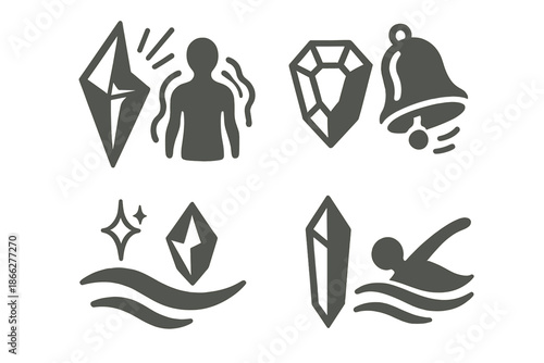 Charming Icon Set. Icons for: a bright shard beside a pulsing silhouette, a faceted gem near a drifting bell, a glinting piece