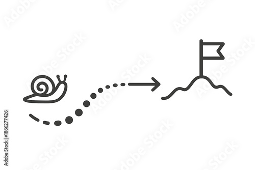 Snail Trail Progression. Line style icons of a snail trail marking progress: curved dotted path, small snail icon, progress