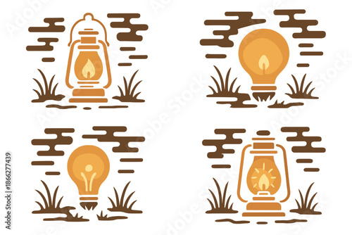 Warm Lantern in Mist. Icons for: a warm lantern standing in boggy air, a glowing light resting in marsh humidity, a bright bulb