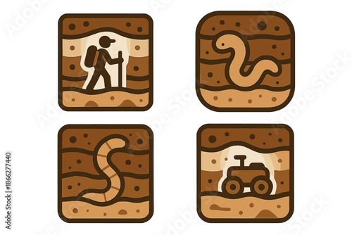 Soil Layers and Tiny Traveler. Icons for: soil layers framing a tiny traveler, earthy strata surrounding a gentle worm, layered