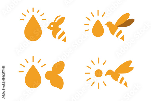 Nectar and Glowing Drop. Icons for: nectar shining before a beating silhouette, a glowing drop near a blurred-wing figure, warm