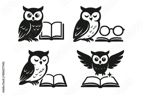 Owl Reading Spectacles. Icons for: Owl Tome Spectacles, a wise watcher beside an open book, a soft-feathered reader near clear