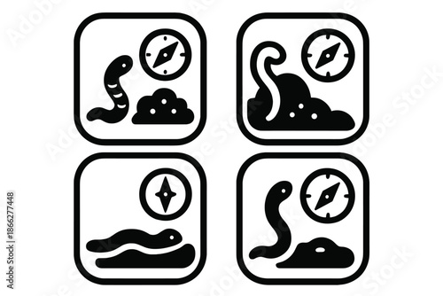 Worm and Compass Icons. Icons for: Worm Soil Compass, a small burrower near soft earth, a tiny crawler beside loose ground, a