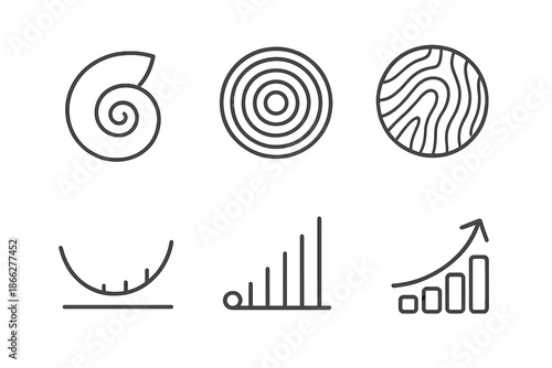 Shell Growth Icons. Line style icons of a shell with growth rings: spiral shell outline, layered growth circles, natural texture