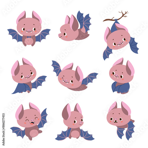 Cartoon bats. Funny bat characters, night wild flying animals. Isolated children mascots, forest animal different poses. Cute faces, nowaday vector set