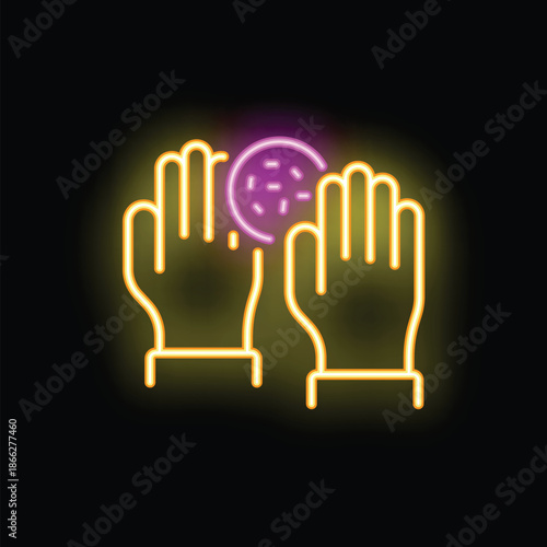 Neon sign icon of a scientist wearing protective gloves holding a virus
