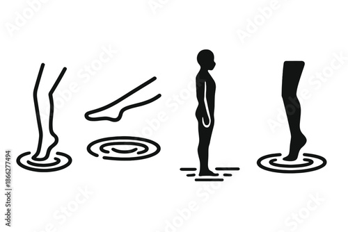 Graceful Waterside Poses. Icons for: a lifted leg near smooth ripples, a long limb above quiet shine, a poised stance facing still