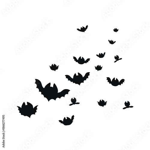 Flying black bats. Bat silhouettes fly in flock. Horror night animals, wild nature characters. Flat isolated elements, wall sticker for design, nowaday vector template