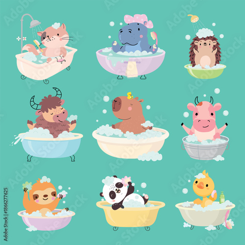 Animal bath. Animals relaxing in bathtub with soap bubbles, shampoo, water. Washing time, cat hippo panda washing. Children mascots, nowaday vector set