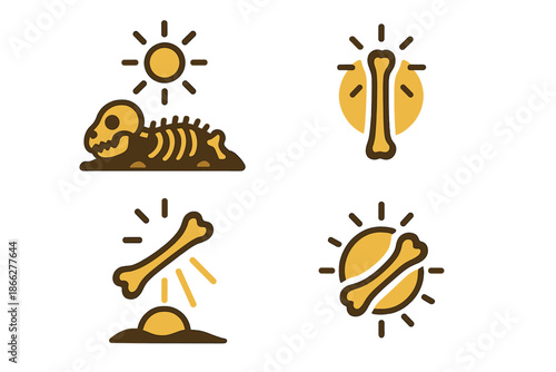 Sunlight on Ancient Bone. Icons for: sunlight framing a skeletal find, harsh glow outlining a fragile remnant, bright rays lifting