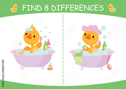 Find differences. Little yellow duck take bath with soap bubbles, shampoo. Educational game for toddlers. Bath time nowaday vector scene
