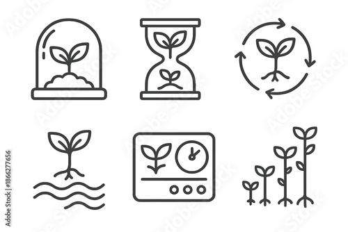 Temporal Growth Chambers. Line style icons of temporal growth chambers: transparent dome, hourglass core, cyclical leaf patterns,