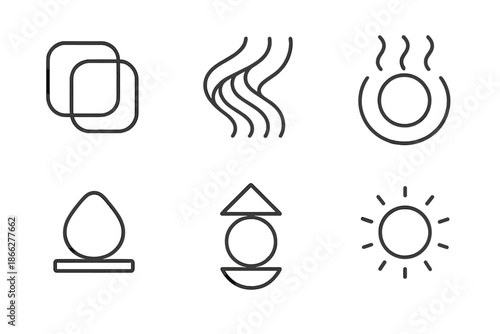 Glass Fusion Icons. Line style icons of glass fusion artistry: layered transparency, flowing molten ribbons, heat shimmer lines,