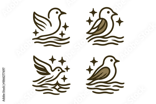 Reflections of Vibrant Plumage. Icons for: a river’s shimmer echoing feather hues, bright reflections mirroring vivid plumage,