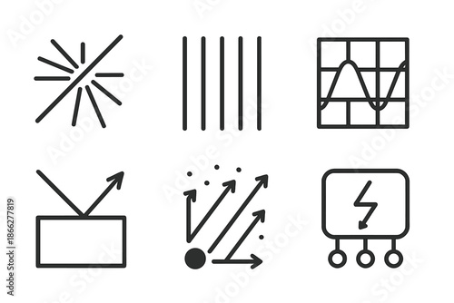 Light Algorithm Icons. Line style icons of light gap algorithms: ray tracing pattern, space between beams, data waveform grid,