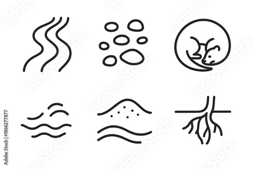 Otter Brook Icon Set. Line vector icons of Otter Brook Terrain: brook stream, scattered stones, curved otter back, sandy ridge,